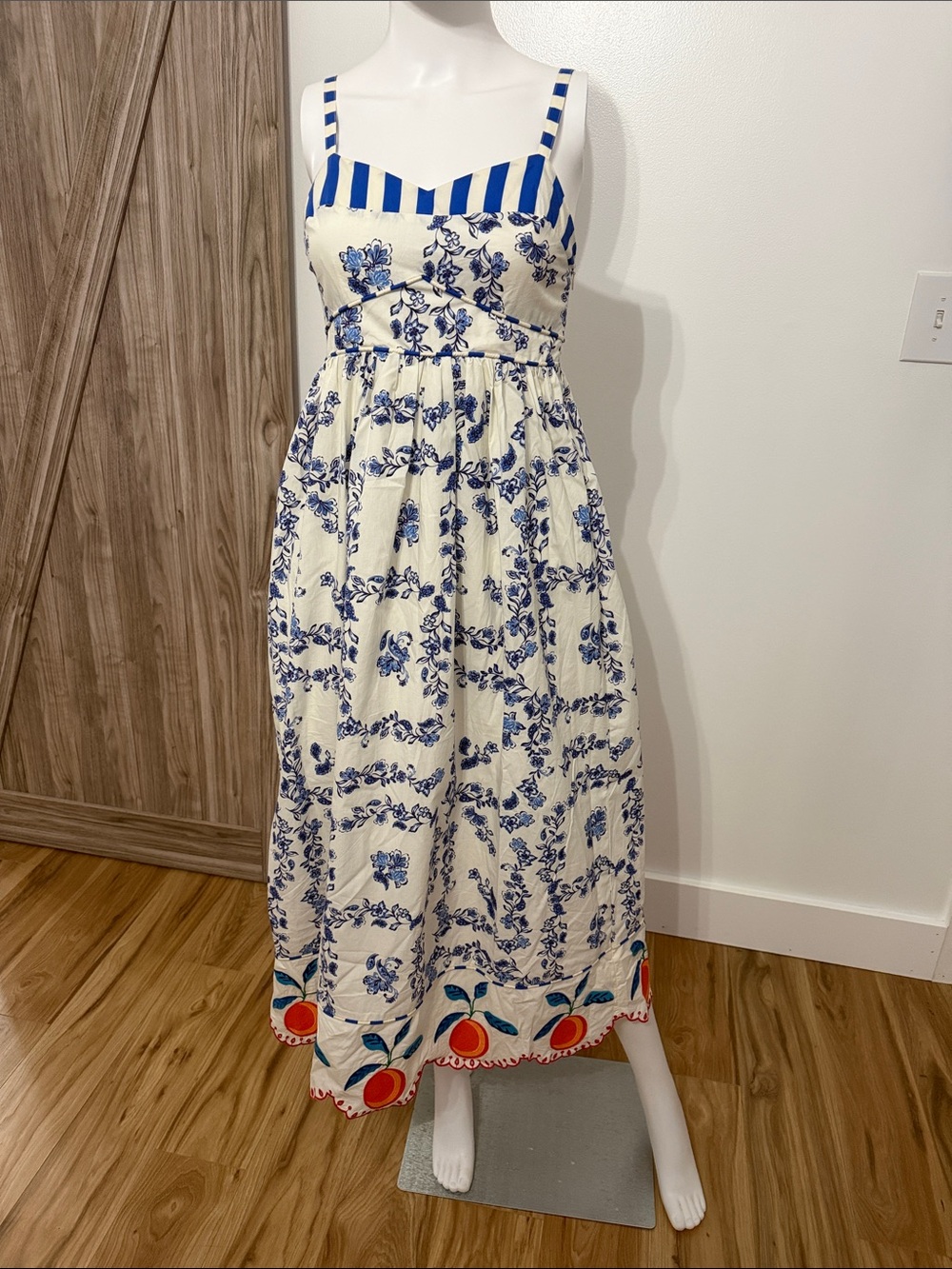 Rails Blue and White Floral Maxi Dress with Striped Bodice and Fruit Trim
